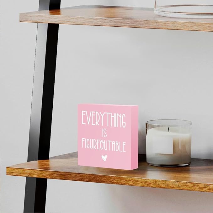 mmiishe Everything Is Figureoutable Wooden Box Sign Decorative Inspirational Farmhouse Wood Box Sign Home Office Decor Motivational Gift Rustic Square Desk Decor Sign for Shelf Pink
