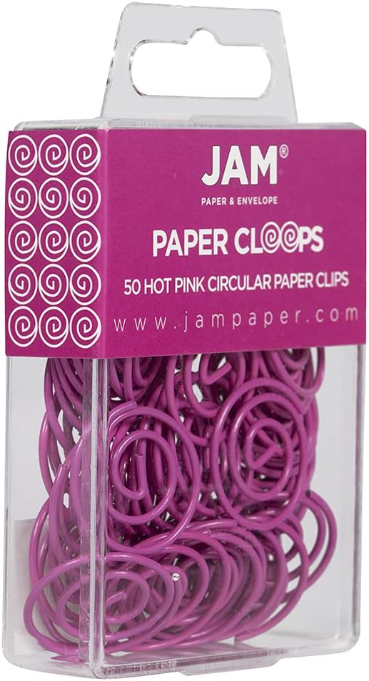 JAM PAPER Circular Paper Clips - Round Paperclips - Hot Pink Fuchsia - 50/Pack