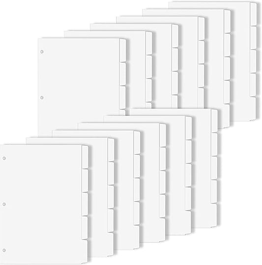 Binder Dividers for 3 Ring Binder, 1/5 Cut Tabs, Letter Size, Blank Write On Page Dividers with 5 Big Tabs for School Office Home, 12 Sets, 60 Dividers, White