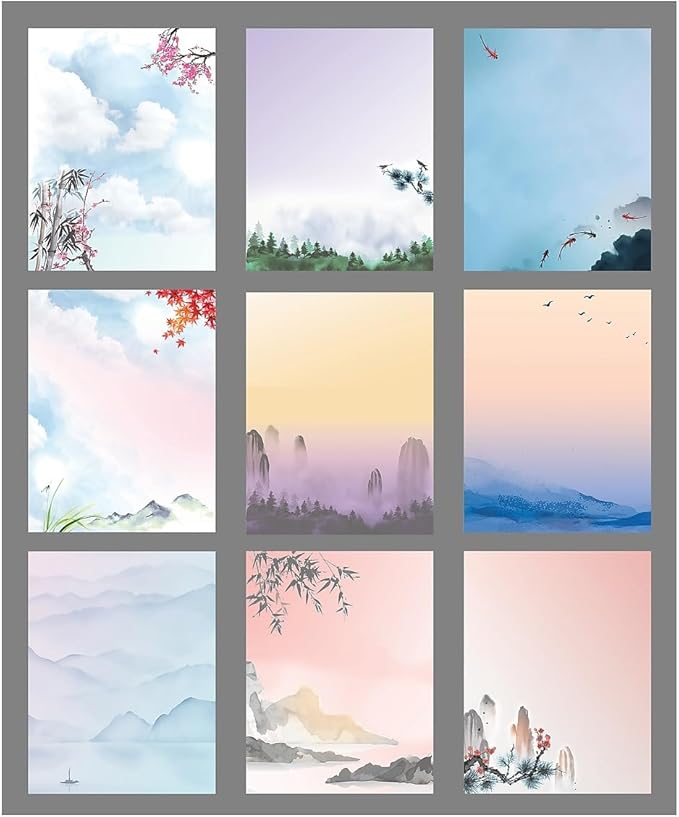 Better Office Products Japanese Watercolor Stationery Paper Set, 100 Piece Set (50 Sheets + 50 Matching Envelopes), Letter Size 8.5 x 11 inch, 9 Designs, Double Sided Printing Paper,