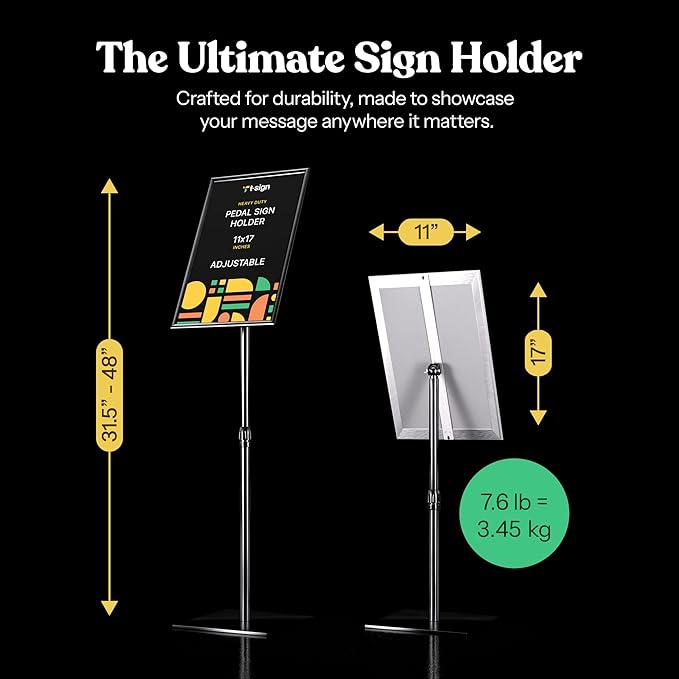 T-SIGN Adjustable Heavy Duty Pedestal Sign Holder Poster Stand, 11x17 Inch Vertical & Horizontal Sign Stand Displayed Poster Holder - Metal Base Square Sign Stands for Display, Outdoor Sign