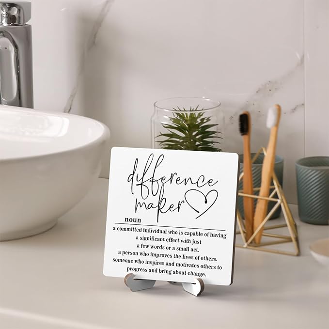 Wooden Table Sign Gift Difference Maker Definition Desk Decor Wood Plaque With Stand Unique Gift Ideas for Boss Women Best Mom Coworker Teacher Office(White)-A02