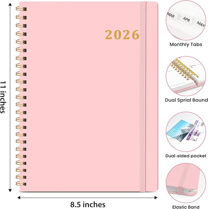2026 Planner 8.5" x 11", Weekly and Monthly Calendar Planner Book, January 2026 - December 2026, Hardcover Spiral Planner with Monthly Tabs, Notes Pages, Perfect for Women & Men, A4 - Pink