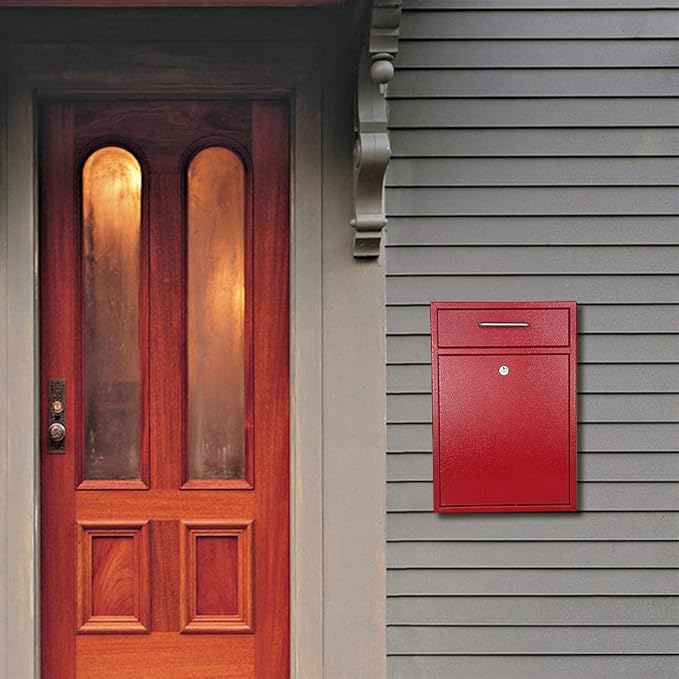 KYODOLED Steel Key Lock Mail Boxes Outdoor, Locking Wall Mount Mailbox, Security Key Drop Box, Collection Boxes,16.2H x 11.22L x 4.72W Inches, Red X Large