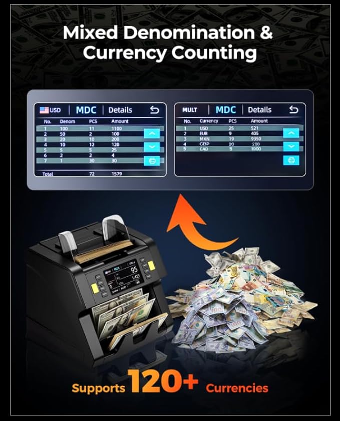 MUNBYN IMC21 Money Counter Machine Mixed Denomination, CIS/UV/IR/MG/MT Counterfeit Detection, Touch Screen, USD, MXN, LBP, CAD Cash Counter for Business, Printer Compatible Bill Counter, 2Y Protect
