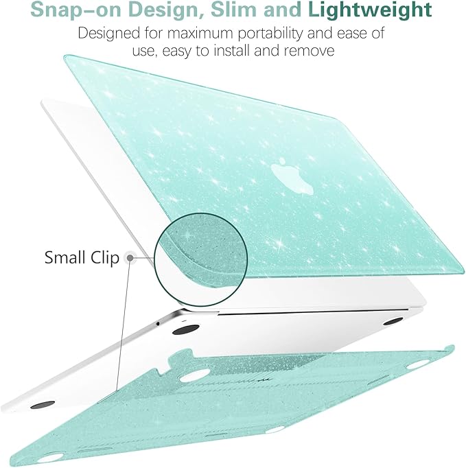 KEROM Green Glitter Case for MacBook Air 13 inch 2022-2018 M1 A2337 A2179 A1932, Glitter MacBook Air M1 Case - Shiny Bling Sparkle Plastic Hard Shell & Keyboard Cover for MacBook Air 13.3 inch