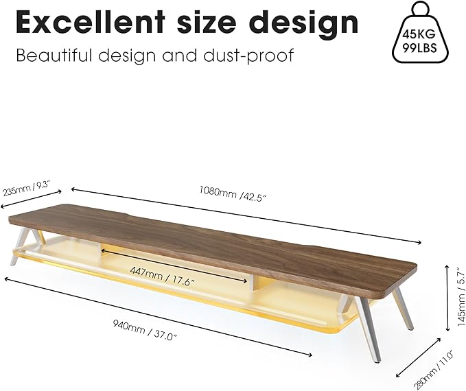 Fenge Dual Monitor Stand for Desk, 2 Tiers Monitor Riser with Acrylic Shelf & App Control LED Lights, 42.5 Inch Wood and Aluminum Desk Shelf with Phone and Tablet Holder