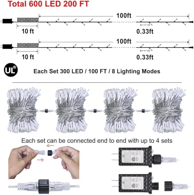 2 Pack Total 200FT 600 LED String Lights, Fairy Tree Lights Indoor Outdoor Connectable, 8 Modes & Timer Christmas Lights for Bedroom, Home, Tree, Yard, Door, Wedding, Xmas Decore (Cool White & Blue)