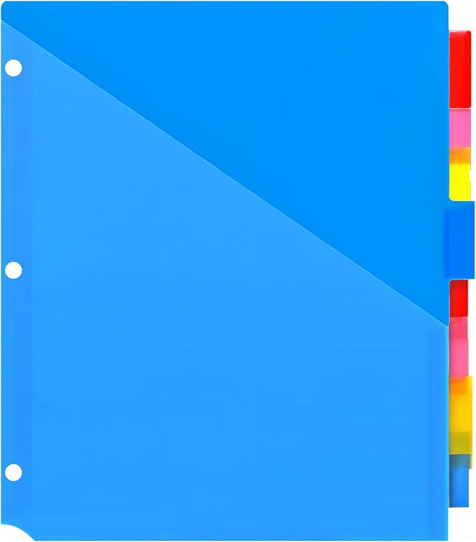 Plastic 8-Tab Dividers with Two Pockets - 1 Set, Pocket Dividers for 3-Ring Binders, Multi-Color Binder Dividers, Total 8 Tabs