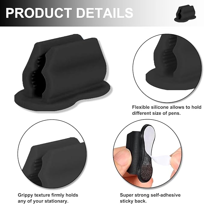 20 Pack Pencil Holders, Adhesive Desk Pencil Holder For Classroom Clipboard Wall, Silicone Pen And Marker Holders For School Student Kids Teacher Office Desk Accessories (Black) (Black)