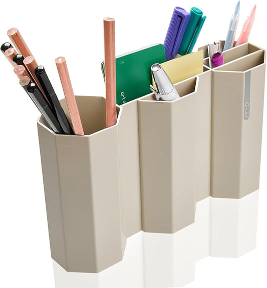 AonT Design Small Desk Organizer - Beige Pen Tray & Holder (Multi-Compartment) (Made in Korea) – Modern Office Storage Supplies Organizer and Aesthetic Decor for Accessories