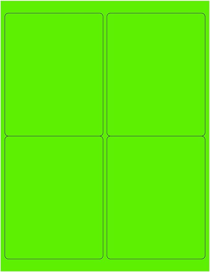 8-1/2 x 11 Neon Color High Light Fluorescent Labels for Laser & Inkjet Printer (Green Fluorescent, 4 x 5-4 Per Page | 100 Labels)
