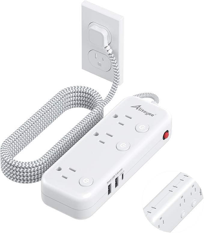 Individual Switch Power Strip Surge Protector with 6 Outlets 3 USB(17W USB C), 5Ft Braided Cord Ultra Thin Flat Plug, 13A Wall Mount Extension Cord with Circuit Breaker for Travel Home Office Dorm