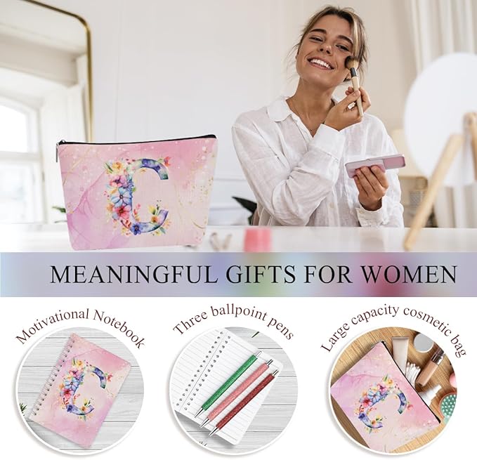 Personalized Gifts Monogrammed Birthday Gifts for Women, Cowerker Wife Sister Wedding Christmas Initial 20 oz Tumbler, Makeup Bag Cup Ballpoint Pens Journal Notebook 6 Set, (Aesthetic Pink Flower C)