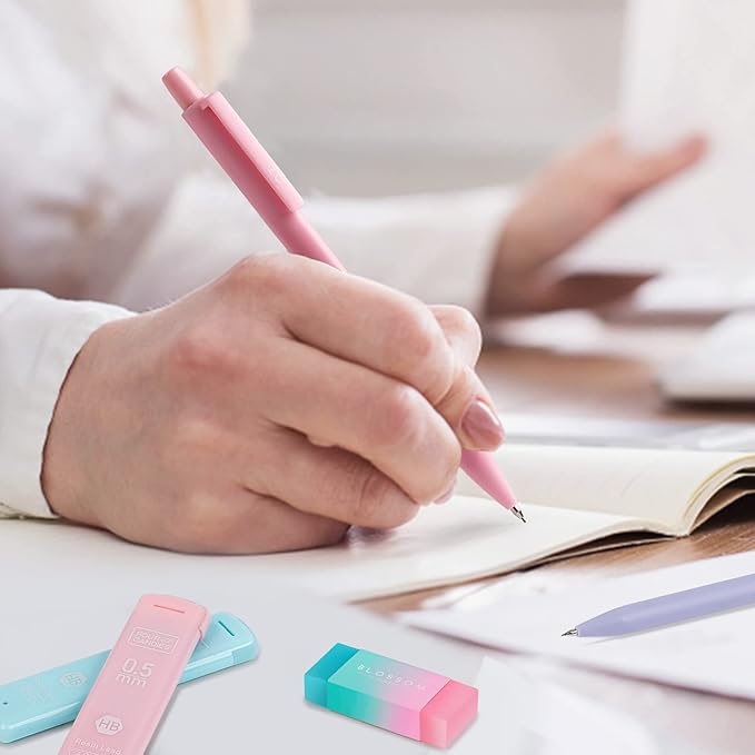 Four Candies Cute Mechanical Pencil Set, 6PCS Pastel Mechanical Pencils 0.5 mm & 0.7mm & 0.9mm with 360PCS Leads, 3PCS Erasers and 9PCS Eraser Refills, Aesthetic Pencils for Girls Writing, Art Drawing