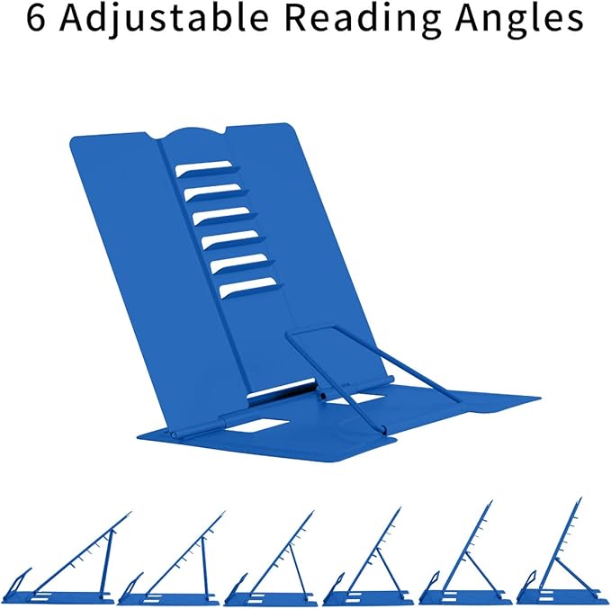 MSDADA Desk Book Stand Metal Reading Rest Book Holder Adjustable Cookbook Documents Holder Portable Sturdy Bookstands for Recipes Textbooks Tablet Music Books with Page Clips (Blue)