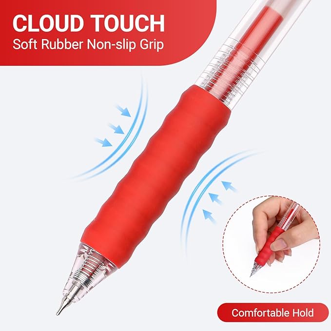 Red Gel Pens Bulk 30 Pack Red Pens Fine Point Smooth Writing No Smudge, CLOUD TOUCH Grip 0.7mm Gel Ink, Retractable Rollerball Pens for Server Office School, Lapiceros (RED)