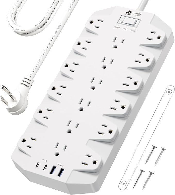 Power Strip Surge Protector, SUPERDANNY 18 Outlets with 2 USB C + 2 USB A Ports, 1875W/15A, 2100J, 6.5FT Flat Plug Heavy Duty Extension Cord with Multiple Outlets for Home, Office, Dorm, White