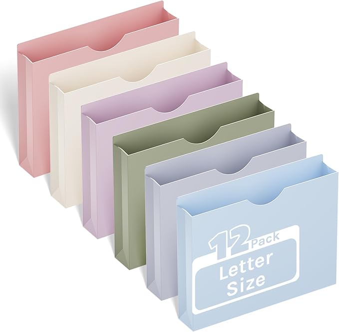 Ansook Plastic 2 Inch Manila File Jackets,Letter Size,Expanding File Jacket, Lightweight,Reinforced Straight Cut Tab,Heavy Duty 2 Inch Expansion Pocket,Poly File Jacket,12 Pack,Morandi Assorted Color