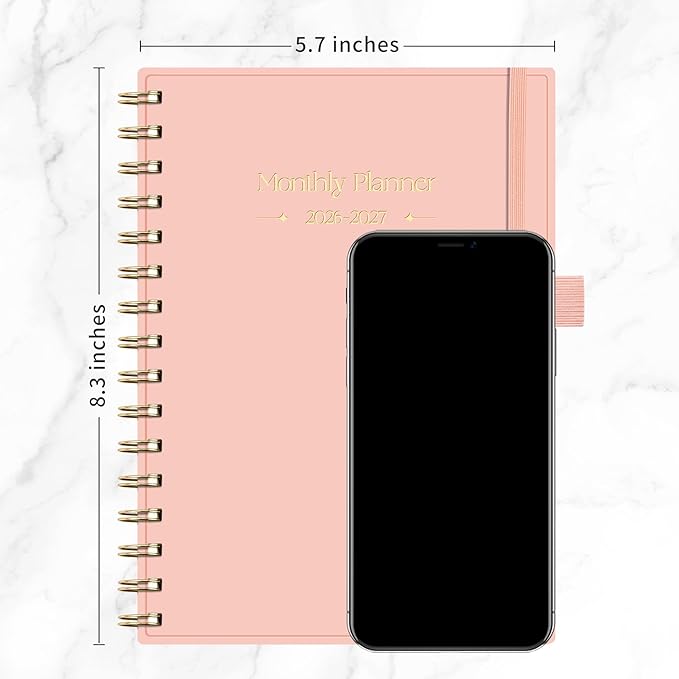 RETTACY 2026-2027 Monthly Planner, Jan 2026 - Dec 2027, Medium Size (5.7" x 8.3"), Agenda, Calendar, 24 Month Tabs, Flexible Plastic Cover, 100 GSM Thick Paper, Spiral-bound (Pink)