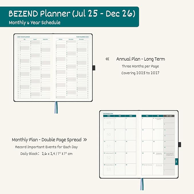 BEZEND Pocket Planner 2026 Weekly and Monthly (3.5" x 6"), 2-Column Calendar Book for Purse (Jul 25-Dec 26), Dual Schedule for Daily Appointment, Inner Pocket, PU Leather Hardcover - Fruit Green
