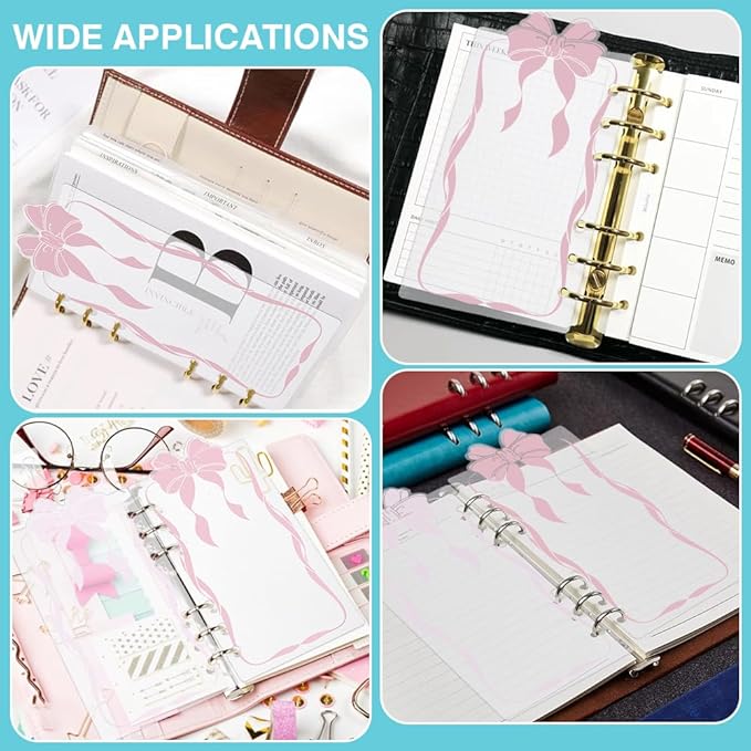 BENECREAT 12PCS Bow Planner Dividers Pocket, 6 Hole Punch File Dividers, Binder Dividers for Keeping Documents Neat Professional Notes Books Classify Files (Pink)