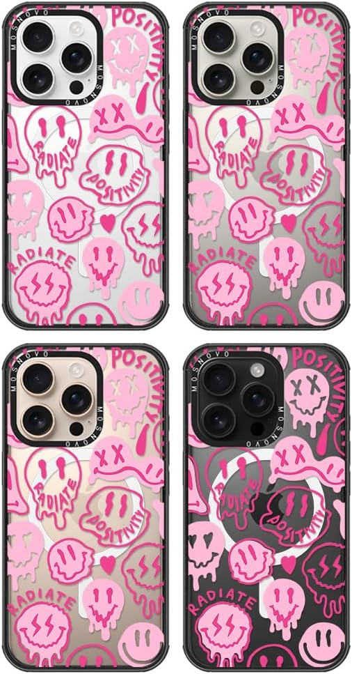 MOSNOVO Magnetic Case for iPhone 16 Pro, 10ft Military-Grade Protection, Compatible with Magsafe, Shockproof Phone Case for iPhone 16 Pro - Pink Dripping Smiles - Clear Black