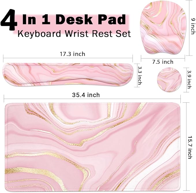 Keyboard Wrist Rest Large Mouse Pad Wrist Support for Computer, 4 in 1 Memory Foam Keyboard Pad Desk Mat Ergonomic Hand Rest Wrist Cushion for Home Office Gaming - Pink Marble