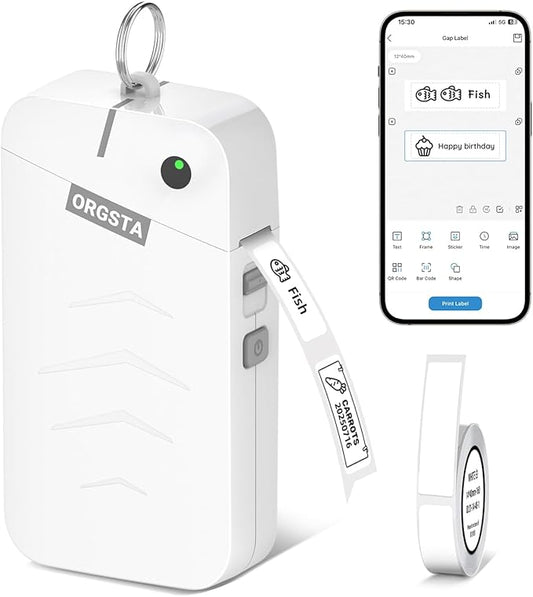 ORGSTA S001 Label Maker Machine with Tape, Portable Bluetooth Label Maker for Home and Office Organization, Thermal Label Printer Mini Sticker Maker with Multiple Templates, White