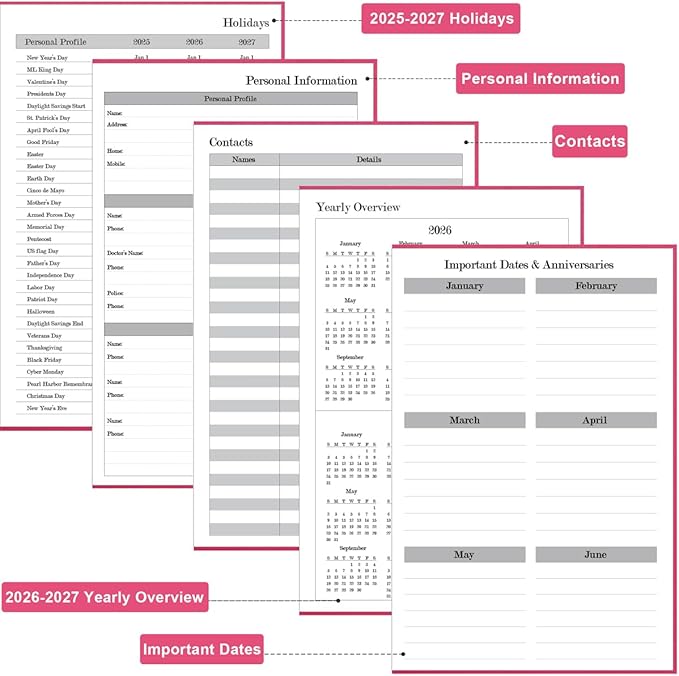 2026 Daily & Monthly Planner - 2026 Daily Planner One Page Per Day from January 2026 to December 2026, 5.8'' x 8.3'' Hourly Appointment Book Perfect Organizer Daily Life, Fabric Cover, Pink