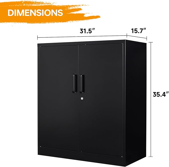 STANI Metal Storage Cabinet with 2 Adjustable Shelves, Steel Counter Cabinet with Lockable Doors for Home Office (Black)