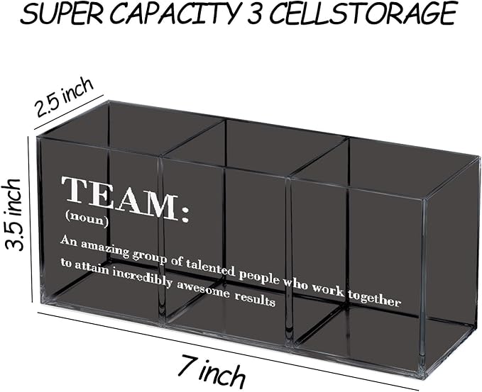 Teamwork Black Acrylic Pen Holder for Desk, Office Team Gifts, 3 Compartments, Decorative