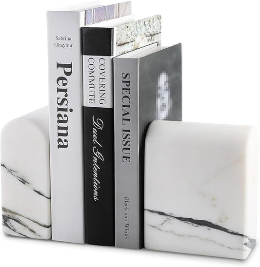 Koville Natural Marble Bookends for Shelves, 13LBS Ultra Heavy Duty Marble Book Holders Organizer, Non-Slip Book Ends, Apartment Decor for Movies/CDs/Video Games