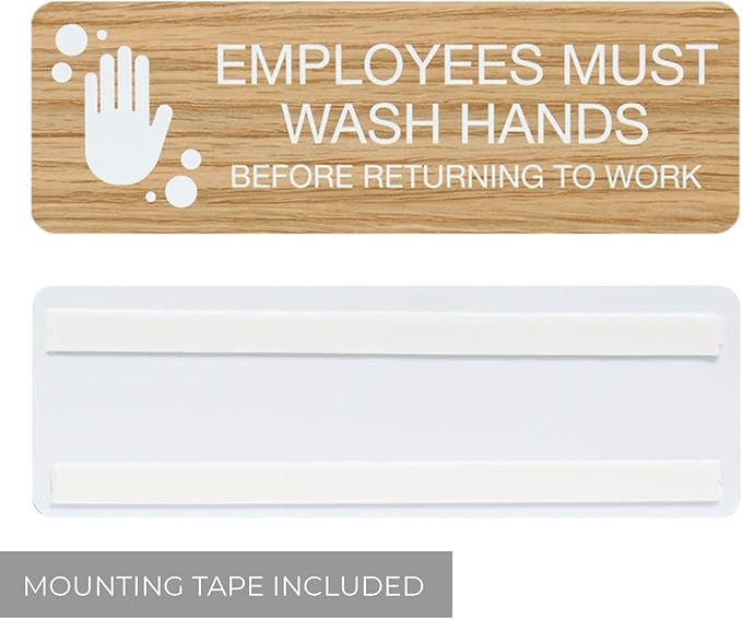 SBLABELS Employees Must Wash Hands Indoor Easy Adhesive Mount Door and Wall Sign for Restaurants and Small Businesses 3" x 9" - Light Wood