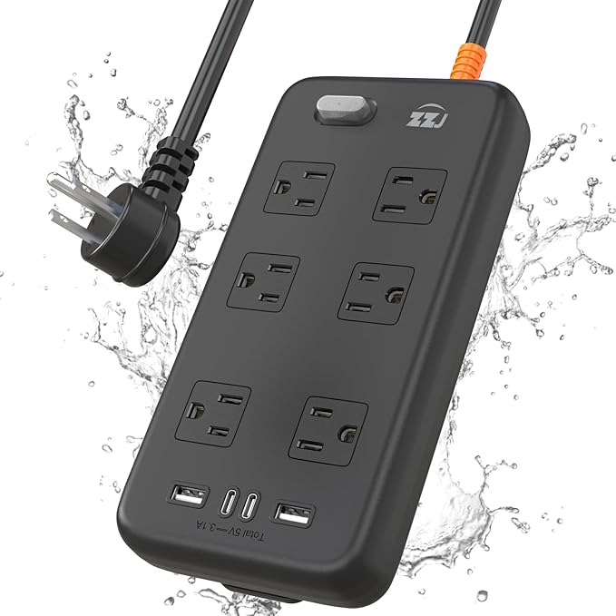 Power Strip Weatherproof, 10-in-1 Surge Protector with 6 Wide Outlets 2USB A and 2USB C,1875W/15A, 6FT Flat Plug Multi-Plug Outdoor Extension Cord for Indoor Outdoor, UL FCC Listed