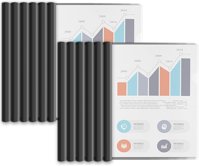 Binditek 12 Pack Heavyduty Clear Report Covers with Sliding Bars, 110 Sheet Capacity, 15mm Sliding Bar File Folder, Letter Size, 8 Mil Thick, Black, for Students and Coworkers