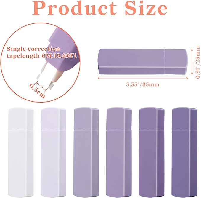 Temiary 6Pcs Mini White Correction Tapes, Quick Dry Smooth Pull Out for Writing, Aesthetic Cute Correction Tape Set Easy To Use for Students School Office Supplies (Purple)
