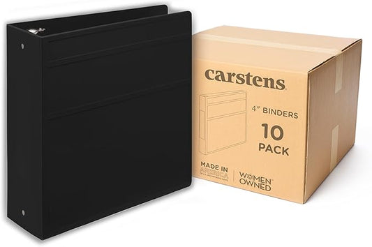Carstens 4-Inch Heavy Duty 3-Ring Binder - Side Opening, Black, Durable Plastic, No-Gap Rings, Waterproof Cover, No Pockets, Holds 600 US Letter Sheets, BPA-Free, Made in USA (1845-3R), Case of 10