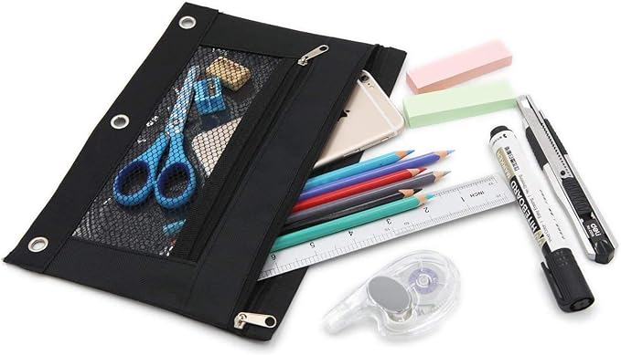 3 Ring Binder Pencil Pouchs, Zippered Pencil Pouch Double Pocket Pencil Pouch 3 Ring with Clear Mesh Window (Black 2pack)