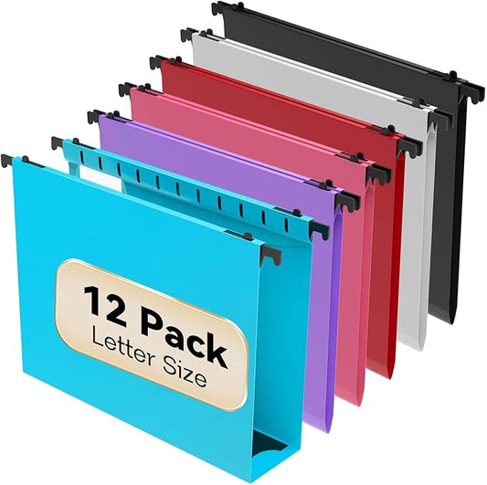 Extra Capacity Plastic Hanging File Folder Letter Size,12 Pack Reinforced Hang Folders with Heavy Duty 2 Inch Expansion, Durable Hanging Organizer Designed for Bulky Files, Assorted Colors