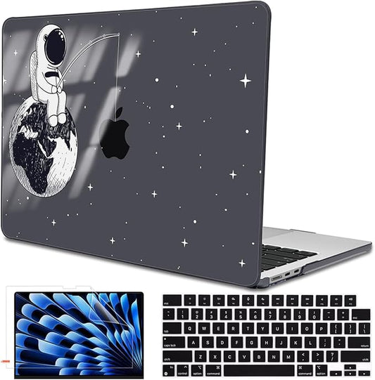 for MacBook Air 13.6 inch Case 2025 2024 2023 2022 Release Model A3240 M4 A3113 M3 A2681 M2, Crystal Black Printed Pattern Plastic Hard Shell for 2025 Mac Air 13.6 M4 Cover, Astronaut Earth