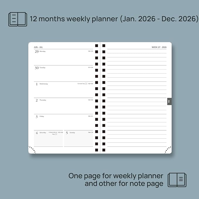 POPRUN 2026 Planner Weekly Notebook (Jan-Dec), Small Size 4''x 6.25'' - 2026 Pocket Calendar for Purse with Spiral Soft Cover, Plastic Ruler, Inner Pocket, 100 GSM - Brown