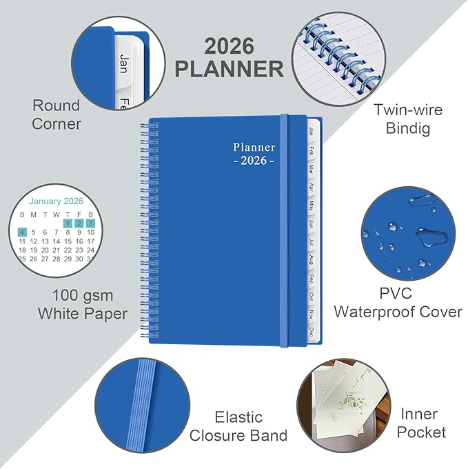 2026 Planner - Planner 2026 from January 2026 to December 2026 with 12 Monthly Tabs, Flexible Cover, Inner Pocket, 8.5" x 11", Blue