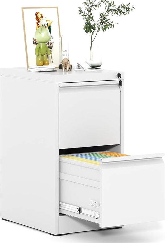 2 Drawer File Cabinet with Lock, Metal Vertical Filing Cabinet for Home Office, Narrow Locking Steel File Cabinets with Drawers, Storage for Legal/Letter/A4/F4, Easy Assemble (White)