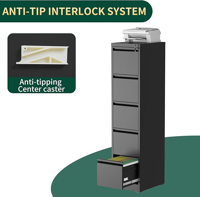 5 Drawer File Cabinet with Lock, Steel Vertical Filing Storage Cabinet for Home Office, Heavy-Duty File Cabinets for Letters/Legal/A4 (Require Assembly, Black)