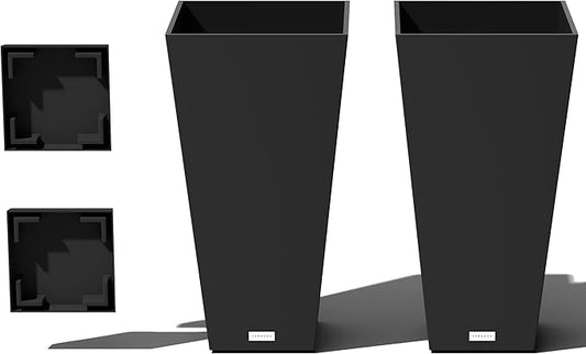 Veradek V-Resin Indoor/Outdoor Taper Planter (Black, 26 inch - 2 Pack with 2 Saucer Trays)