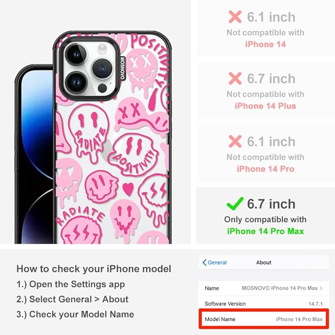 MOSNOVO Case for iPhone 14 Pro Max, [10ft 4X Military-Grade Drop Protection] Durable & Shockproof Phone Case Cover Design for iPhone 14 Pro Max - Pink Dripping Smiles - Clear Black