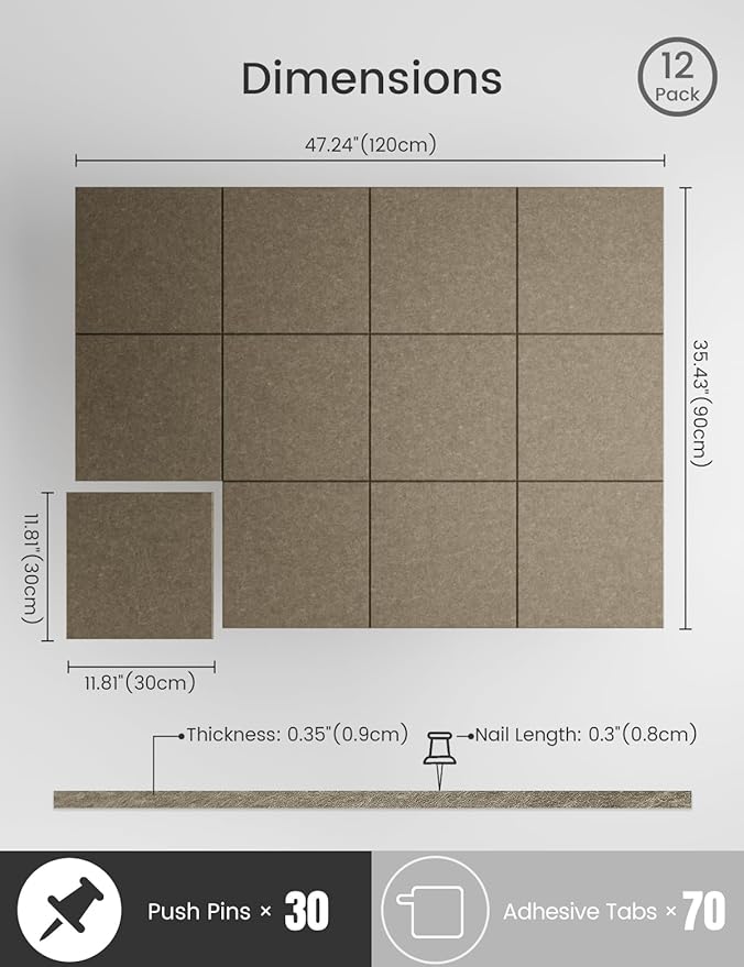 Bumusty Large Cork Board 47"x35" Alternative - 12 Pack Felt Wall Tiles with 70 Safe Removable Adhesive Tabs, 30 Pushpins, Cork Boards for Walls Pin Board Tack Board Cork Board (Dark Brown)