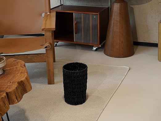 Wicker Trash Can,Small Trash Can,Handwoven Waterproof Wicker Trash Basket,Round Garbage Can,Compact Waste Basket for Bathroom,Bedroom,Office,2 Gallon Black