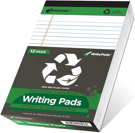 KAISA White Legal Pads Writing Pads Recycled Paper 5"x8" Narrow Ruled Lined Paper Small Legal pad Perforated 50 sheets Hard Back Notepads Writing Tablet For Office Supplies Study (White 12pads)